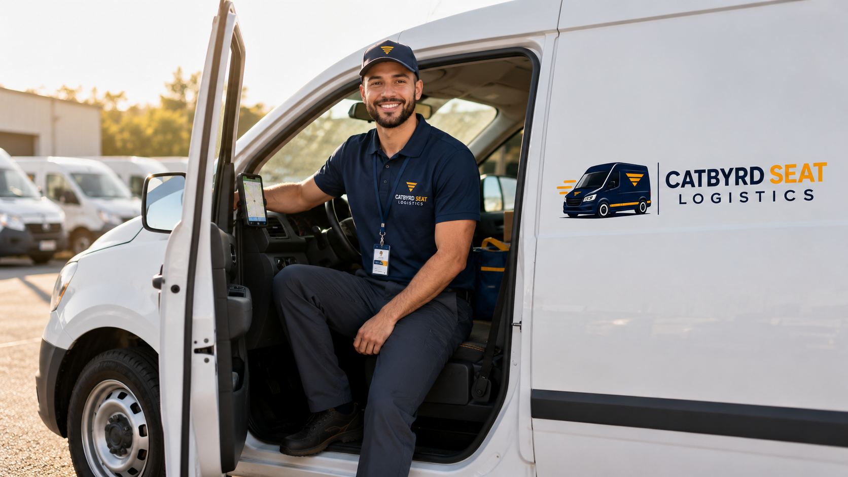 Catbyrd Seat Logistics delivery associate preparing to start a local route beside a branded delivery van